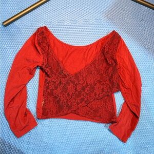 Red Lace Crop Long-Sleeve Top